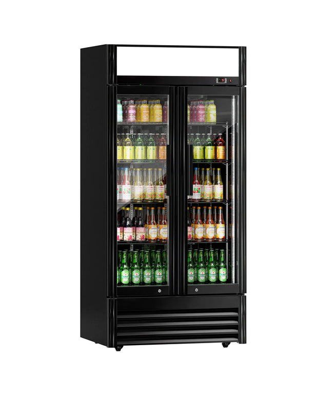 GGM Gastro Commercial Beverage Display Fridge - 925mm - 630 Litres - with 2 hinged glass doors - LED lighting - digital controller with temperature display - Black - Temperature range 2 to 8 °C