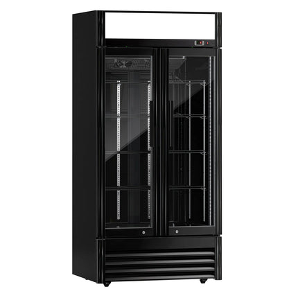 GGM Gastro Commercial Beverage Display Fridge - 925mm - 630 Litres - with 2 hinged glass doors - LED lighting - digital controller with temperature display - Black - Temperature range 2 to 8 °C