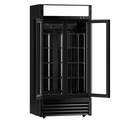 GGM Gastro Commercial Beverage Display Fridge - 925mm - 630 Litres - with 2 hinged glass doors - LED lighting - digital controller with temperature display - Black - Temperature range 2 to 8 °C