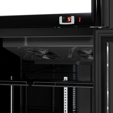 GGM Gastro Commercial Beverage Display Fridge - 925mm - 630 Litres - with 2 hinged glass doors - LED lighting - digital controller with temperature display - Black - Temperature range 2 to 8 °C