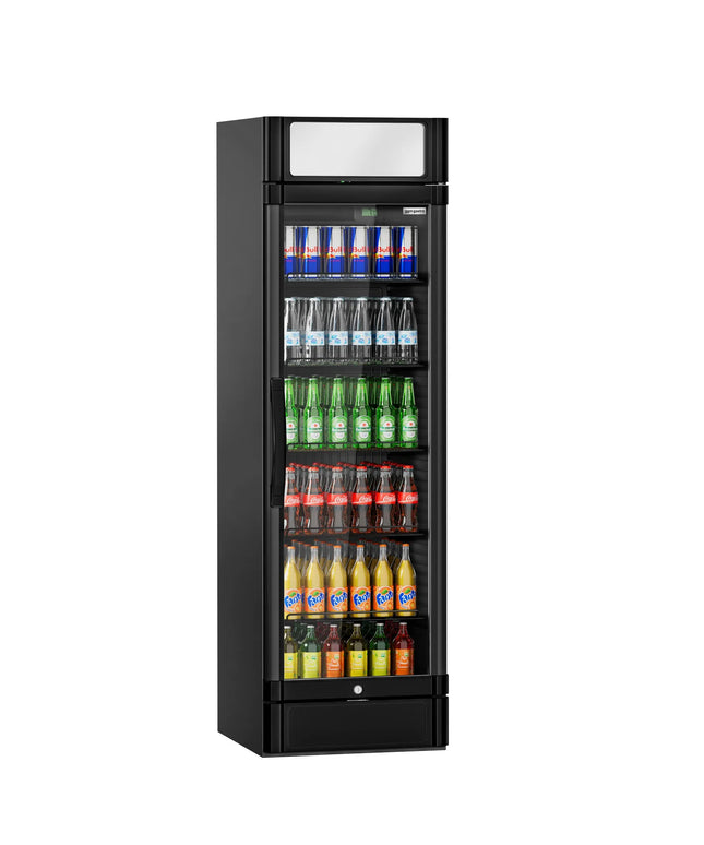 GGM Gastro Commercial Beverage Display Fridge with Illuminated Canopy - 595mm - 347 Litres - with 1 hinged glass door - LED lighting - Black - UK Plug - Temperature range 2 to 10 °C