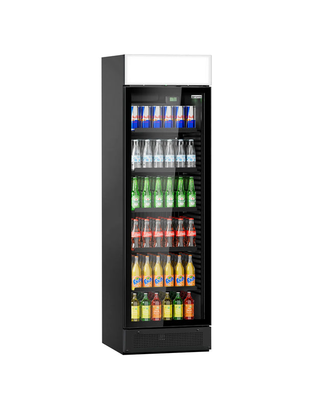GGM Gastro Commercial Beverage Display Fridge with Illuminated Canopy - 595mm - 345 Litres - with 1 hinged glass door - LED lighting - digital controller with temperature display - Black - UK Plug - Temperature range 2 to 10 °C