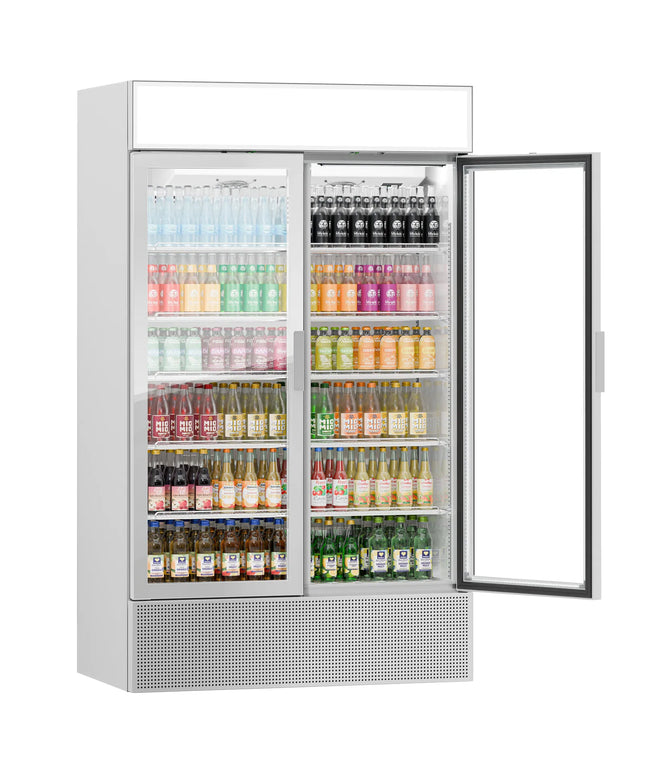 GGM Gastro Commercial Beverage Display Fridge with Illuminated Canopy - 1200mm - 1048 Litres - with 2 hinged glass doors - LED lighting - Temperature range 1 to 10 °C
