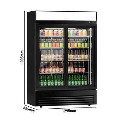 GGM Gastro Commercial Beverage Display Fridge with Illuminated Canopy - 1295mm - 880 Litres - with 2 sliding glass doors - LED lighting - digital controller with temperature display - Black - Temperature range 2 to 8 °C