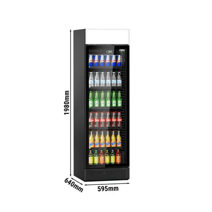 GGM Gastro Commercial Beverage Display Fridge with Illuminated Canopy - 595mm - 345 Litres - with 1 hinged glass door - LED lighting - digital controller with temperature display - Black - Temperature range 2 to 10 °C