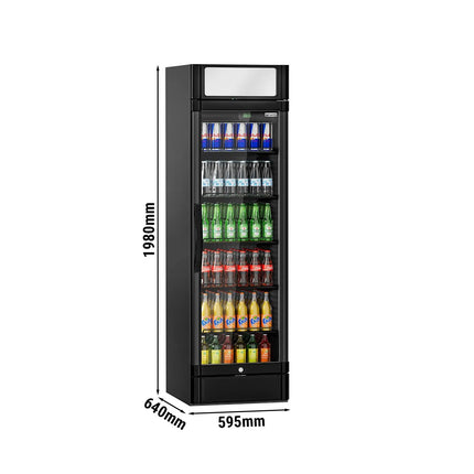 GGM Gastro Commercial Beverage Display Fridge with Illuminated Canopy - 595mm - 347 Litres - with 1 hinged glass door - LED lighting - Black - UK Plug - Temperature range 2 to 10 °C