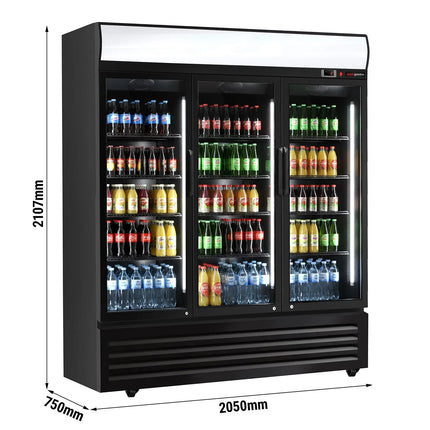 GGM Gastro Commercial Beverage Display Fridge with Illuminated Canopy - 2050mm - 1500 Litres - with 3 hinged glass doors - LED lighting - digital controller with temperature display - Black/White - Temperature range 2 to 8 °C