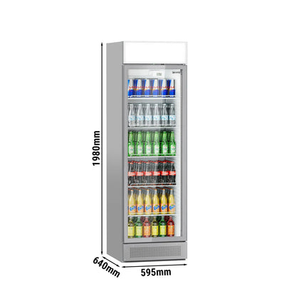 GGM Gastro Commercial Beverage Display Fridge with Illuminated Canopy - 595mm - 358 Litres - 1 hinged glass door - LED lighting - digital controller with temperature display - Grey - Temperature range 1 to 10 °C