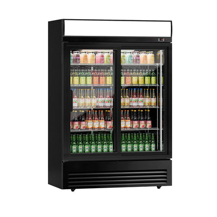 GGM Gastro Commercial Beverage Display Fridge with Illuminated Canopy - 1295mm - 880 Litres - with 2 sliding glass doors - LED lighting - digital controller with temperature display - Black - Temperature range 2 to 8 °C