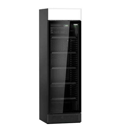 GGM Gastro Commercial Beverage Display Fridge with Illuminated Canopy - 595mm - 345 Litres - with 1 hinged glass door - LED lighting - digital controller with temperature display - Black - Temperature range 2 to 10 °C