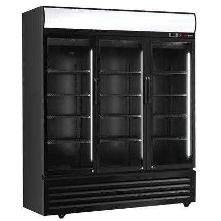 GGM Gastro Commercial Beverage Display Fridge with Illuminated Canopy - 2050mm - 1500 Litres - with 3 hinged glass doors - LED lighting - digital controller with temperature display - Black/White - Temperature range 2 to 8 °C