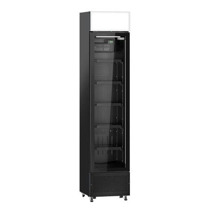 GGM Gastro Commercial Beverage Display Fridge with Illuminated Canopy - 435mm - 145 Litres - with 1 hinged glass door - LED lighting - Black - Temperature range 1 to 10 °C