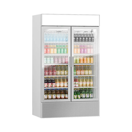 GGM Gastro Commercial Beverage Display Fridge with Illuminated Canopy - 1200mm - 1048 Litres - with 2 hinged glass doors - LED lighting - Temperature range 1 to 10 °C