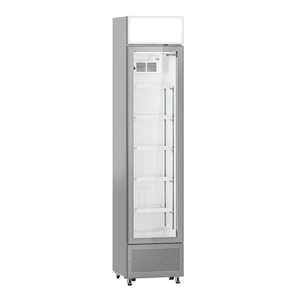 GGM Gastro Commercial Beverage Display Fridge with Illuminated Canopy - 435mm - 145 Litres - with 1 hinged glass door - LED lighting - Grey - Temperature range 1 to 10 °C