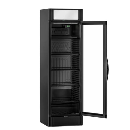 GGM Gastro Commercial Beverage Display Fridge with Illuminated Canopy - 595mm - 347 Litres - with 1 hinged glass door - LED lighting - Black - UK Plug - Temperature range 2 to 10 °C