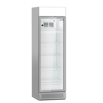 GGM Gastro Commercial Beverage Display Fridge with Illuminated Canopy - 595mm - 358 Litres - 1 hinged glass door - LED lighting - digital controller with temperature display - Grey - Temperature range 1 to 10 °C