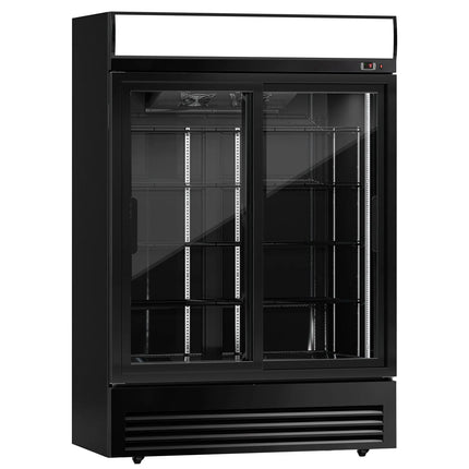 GGM Gastro Commercial Beverage Display Fridge with Illuminated Canopy - 1295mm - 880 Litres - with 2 sliding glass doors - LED lighting - digital controller with temperature display - Black - Temperature range 2 to 8 °C