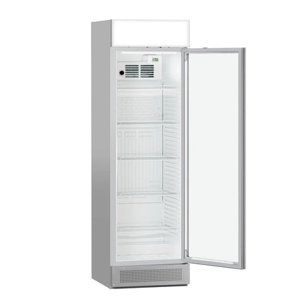 GGM Gastro Commercial Beverage Display Fridge with Illuminated Canopy - 595mm - 358 Litres - 1 hinged glass door - LED lighting - digital controller with temperature display - Grey - Temperature range 1 to 10 °C