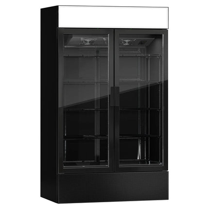 GGM Gastro Commercial Beverage Display Fridge with Illuminated Canopy - 1200mm - 1048 Litres - with 2 hinged glass doors - LED lighting - Black - Temperature range 1 to 10 °C