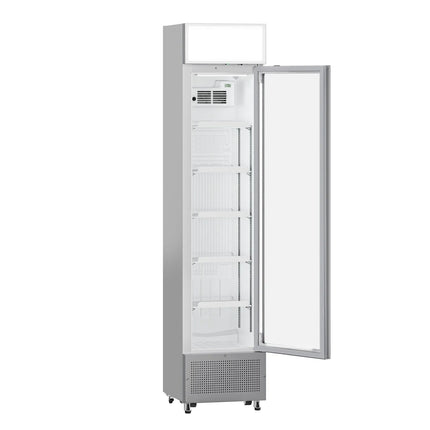 GGM Gastro Commercial Beverage Display Fridge with Illuminated Canopy - 435mm - 145 Litres - with 1 hinged glass door - LED lighting - Grey - Temperature range 1 to 10 °C