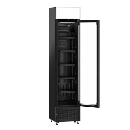 GGM Gastro Commercial Beverage Display Fridge with Illuminated Canopy - 435mm - 145 Litres - with 1 hinged glass door - LED lighting - Black - Temperature range 1 to 10 °C