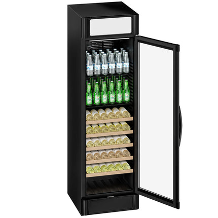 GGM Gastro Commercial Beverage Display Fridge with Illuminated Canopy - 595mm - 347 Litres - with 1 hinged glass door - LED lighting - Black - UK Plug - Temperature range 2 to 10 °C