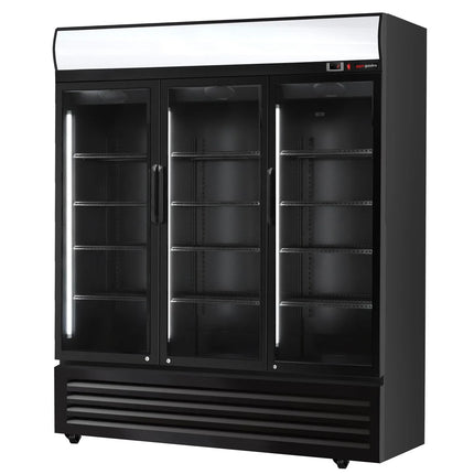 GGM Gastro Commercial Beverage Display Fridge with Illuminated Canopy - 2050mm - 1500 Litres - with 3 hinged glass doors - LED lighting - digital controller with temperature display - Black/White - Temperature range 2 to 8 °C