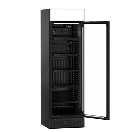 GGM Gastro Commercial Beverage Display Fridge with Illuminated Canopy - 595mm - 345 Litres - with 1 hinged glass door - LED lighting - digital controller with temperature display - Black - UK Plug - Temperature range 2 to 10 °C