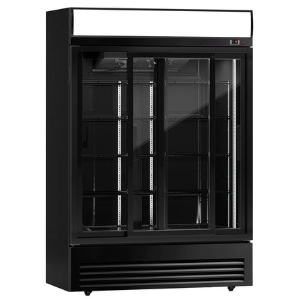 GGM Gastro Commercial Beverage Display Fridge with Illuminated Canopy - 1295mm - 880 Litres - with 2 sliding glass doors - LED lighting - digital controller with temperature display - Black - Temperature range 2 to 8 °C