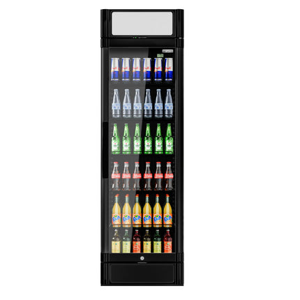 GGM Gastro Commercial Beverage Display Fridge with Illuminated Canopy - 595mm - 347 Litres - with 1 hinged glass door - LED lighting - Black - UK Plug - Temperature range 2 to 10 °C