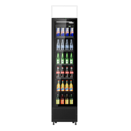 GGM Gastro Commercial Beverage Display Fridge with Illuminated Canopy - 435mm - 145 Litres - with 1 hinged glass door - LED lighting - Black - Temperature range 1 to 10 °C