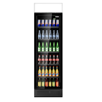 GGM Gastro Commercial Beverage Display Fridge with Illuminated Canopy - 595mm - 345 Litres - with 1 hinged glass door - LED lighting - digital controller with temperature display - Black - Temperature range 2 to 10 °C