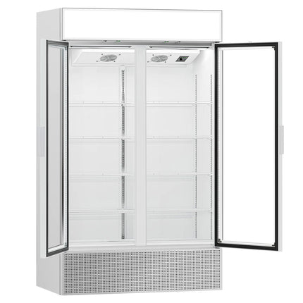 GGM Gastro Commercial Beverage Display Fridge with Illuminated Canopy - 1200mm - 1048 Litres - with 2 hinged glass doors - LED lighting - Temperature range 1 to 10 °C