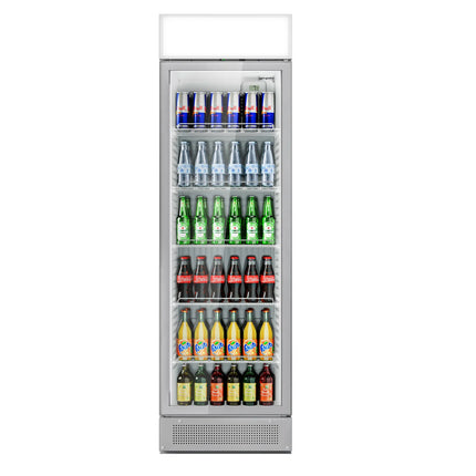 GGM Gastro Commercial Beverage Display Fridge with Illuminated Canopy - 595mm - 358 Litres - 1 hinged glass door - LED lighting - digital controller with temperature display - Grey - Temperature range 1 to 10 °C