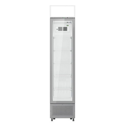 GGM Gastro Commercial Beverage Display Fridge with Illuminated Canopy - 435mm - 145 Litres - with 1 hinged glass door - LED lighting - Grey - Temperature range 1 to 10 °C