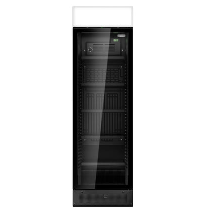 GGM Gastro Commercial Beverage Display Fridge with Illuminated Canopy - 595mm - 345 Litres - with 1 hinged glass door - LED lighting - digital controller with temperature display - Black - Temperature range 2 to 10 °C