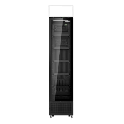 GGM Gastro Commercial Beverage Display Fridge with Illuminated Canopy - 435mm - 145 Litres - with 1 hinged glass door - LED lighting - Black - Temperature range 1 to 10 °C