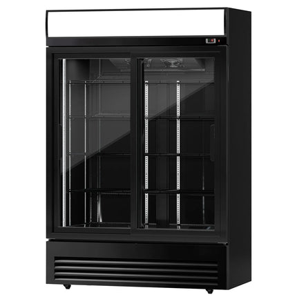 GGM Gastro Commercial Beverage Display Fridge with Illuminated Canopy - 1295mm - 880 Litres - with 2 sliding glass doors - LED lighting - digital controller with temperature display - Black - Temperature range 2 to 8 °C