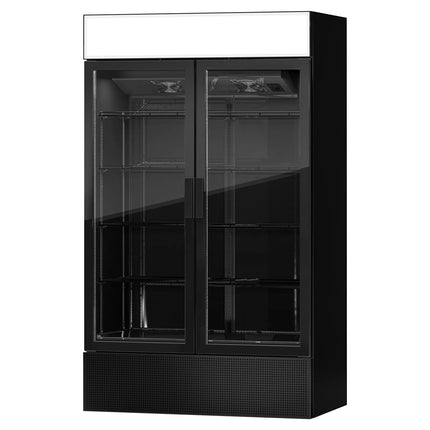 GGM Gastro Commercial Beverage Display Fridge with Illuminated Canopy - 1200mm - 1048 Litres - with 2 hinged glass doors - LED lighting - Black - Temperature range 1 to 10 °C