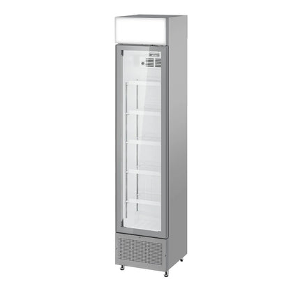 GGM Gastro Commercial Beverage Display Fridge with Illuminated Canopy - 435mm - 145 Litres - with 1 hinged glass door - LED lighting - Grey - Temperature range 1 to 10 °C
