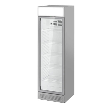 GGM Gastro Commercial Beverage Display Fridge with Illuminated Canopy - 595mm - 358 Litres - 1 hinged glass door - LED lighting - digital controller with temperature display - Grey - Temperature range 1 to 10 °C
