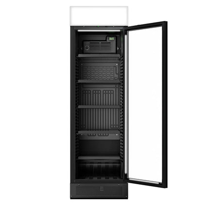 GGM Gastro Commercial Beverage Display Fridge with Illuminated Canopy - 595mm - 345 Litres - with 1 hinged glass door - LED lighting - digital controller with temperature display - Black - Temperature range 2 to 10 °C
