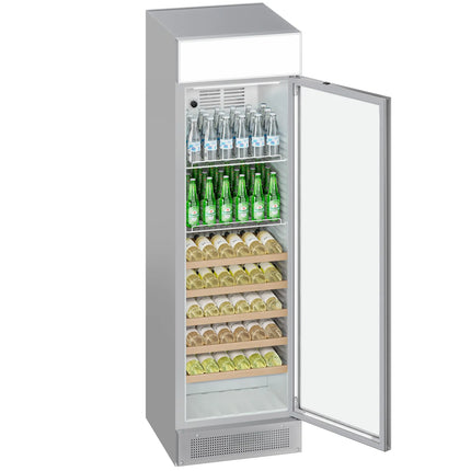 GGM Gastro Commercial Beverage Display Fridge with Illuminated Canopy - 595mm - 358 Litres - 1 hinged glass door - LED lighting - digital controller with temperature display - Grey - Temperature range 1 to 10 °C