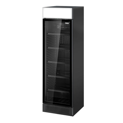 GGM Gastro Commercial Beverage Display Fridge with Illuminated Canopy - 595mm - 345 Litres - with 1 hinged glass door - LED lighting - digital controller with temperature display - Black - Temperature range 2 to 10 °C