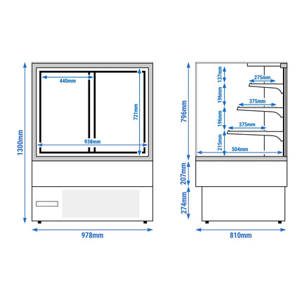 GGM Gastro Commercial cake display fridge - 274L - 978mm - Double glazing - with 3 adjustable shelves - rear sliding doors