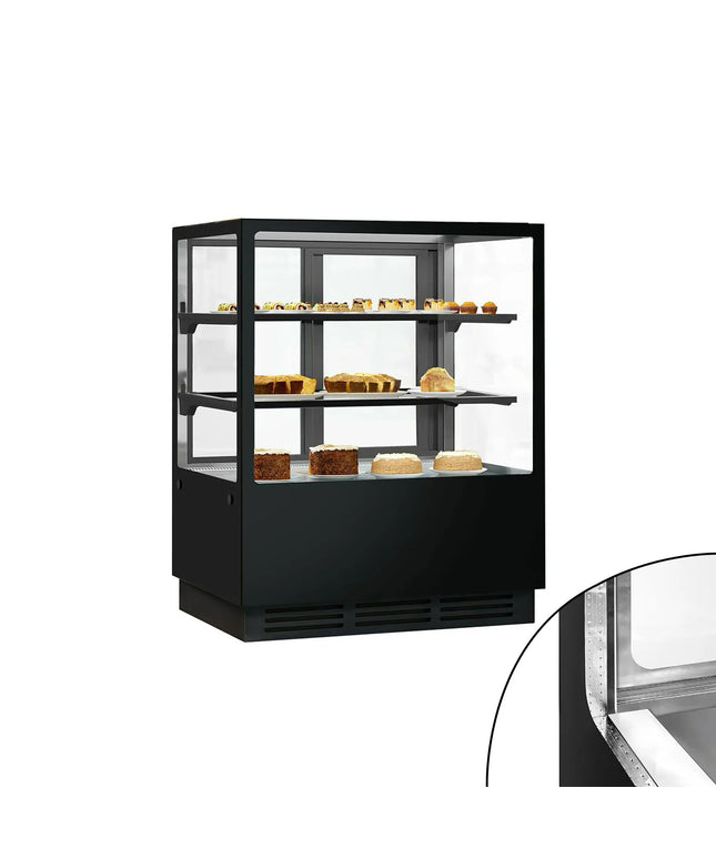GGM Gastro Commercial cake display fridge - 378L - 1000mm - Double glazing - square - mirrored front - with 2 glass shelves - rear sliding doors - for patisserie - Black