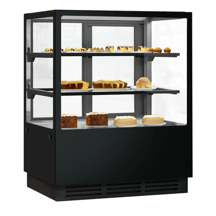 GGM Gastro Commercial cake display fridge - 378L - 1000mm - Double glazing - square - mirrored front - with 2 glass shelves - rear sliding doors - for patisserie - Black