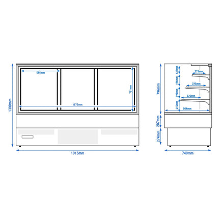 GGM Gastro Commercial cake display fridge - 548L - 1915mm - Double glazing - with 3 adjustable shelves - rear sliding doors