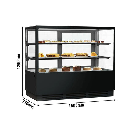 GGM Gastro Commercial cake display fridge - 580L - 1500mm - Double glazing - square - with 2 glass shelves - rear sliding doors - for patisserie - Black