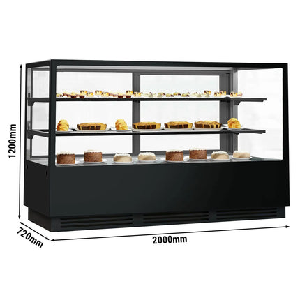 GGM Gastro Commercial cake display fridge - 782L - 2000mm - Double glazing - mirrored front - with 2 glass shelves - rear sliding doors - For UK - Black